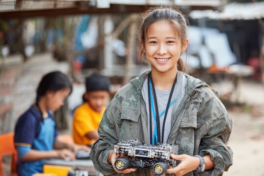 Waist up photo of an Asian teen girl smiling with a robot model outdoors during an engineering class kids in the background with space for text