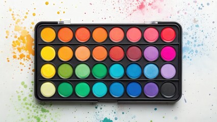 An open watercolor paint palette filled with many vibrant colors resting on a white surface with colorful paint splashes