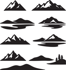 Simple mountain icon set with snowy peaks and nature landscape elements