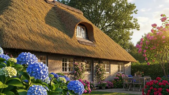 Charming thatched cottage with vibrant hydrangeas in a sunlit garden.