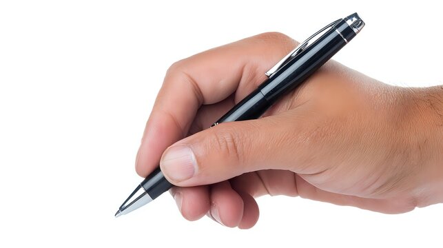Close-up of male hand holding elegant black ballpoint pen against white background, ready for writing business documents or signing contracts.