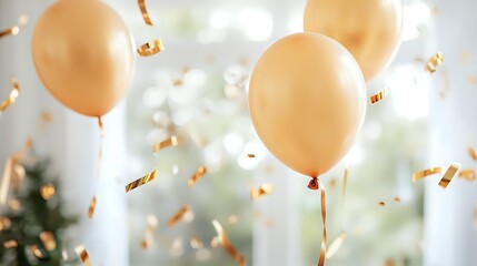 Golden balloons floating with falling gold confetti against bright window background, creating festive celebratory atmosphere for special events.