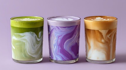 Colorful marbled latte art in three glass cups with green matcha, purple lavender, and caramel coffee drinks on purple background.