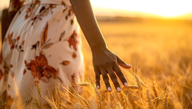 Woman's arm gracefully brushes wheat stalks in a sun-drenched field. Warm light bathes the scene. Dress has floral patterns