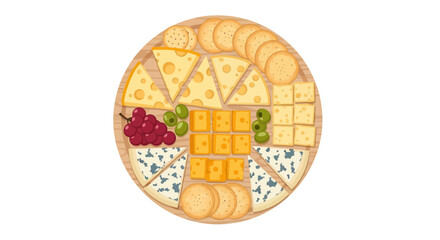 Assorted cheese platter with grapes and crackers on wooden board