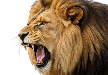 Close up profile of a male lion roaring with mouth open showing teeth and tongue isolated on a transparent background