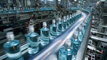Fototapeta premium Modern bottling plant with blue glass bottles on automated production line, conveyor system moving at high speed in industrial facility.