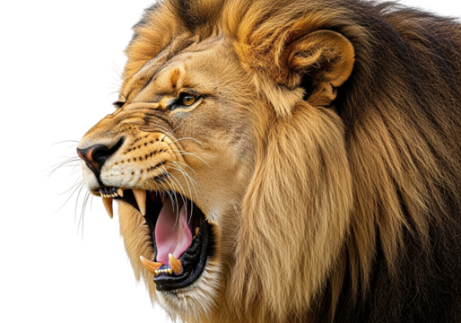 Close up profile of a male lion roaring with mouth open showing teeth and tongue isolated on a transparent background