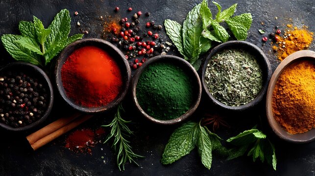 Colorful spices in wooden bowls with fresh herbs, paprika, turmeric, and peppercorns arranged on dark stone background for cooking or food photography. - Powered by Adobe