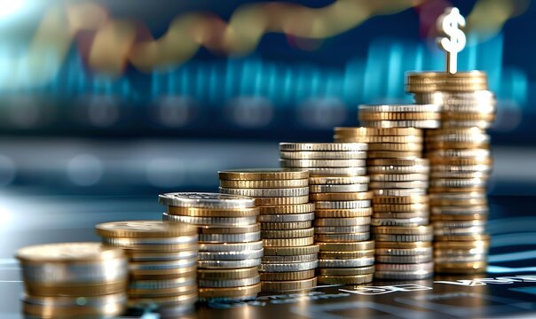 Stacked gold coins forming ascending steps with dollar sign on top against blue financial chart background for investment growth concept. - Powered by Adobe