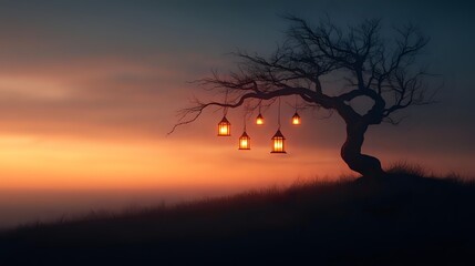 Silhouette of bare tree with glowing lanterns hanging from branches against dramatic sunset sky and misty horizon.