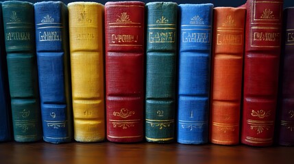 Colorful vintage leather-bound books arranged in a row, showcasing spines with gold embossed titles in various vibrant colors.