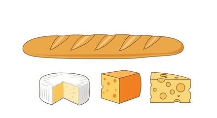 Vector illustration of baguette and assorted cheeses on white background