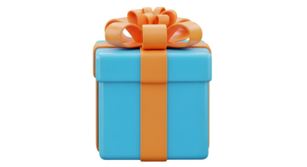 A bright blue gift box with an orange ribbon and bow a festive present isolated on transparent background