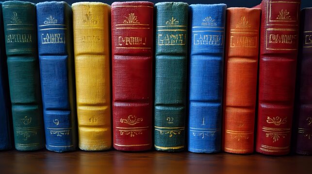 Colorful vintage leather-bound books arranged in a row, showcasing spines with gold embossed titles in various vibrant colors.