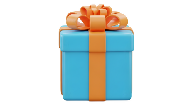 A bright blue gift box with an orange ribbon and bow a festive present isolated on transparent background