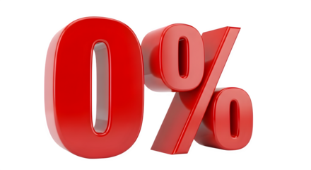 Bold red 3d zero percent symbol with glossy finish isolated on transparent background