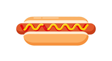 A cartoon hot dog with mustard in a bun isolated on white