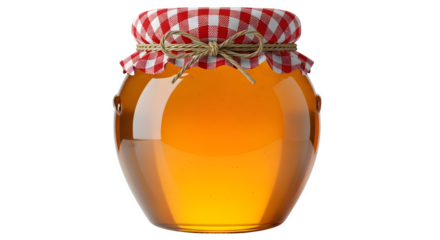 A glass jar filled with golden honey and sealed with a red and white checkered lid tied with twine isolated on transparent background