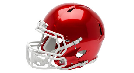 A shiny red american football helmet with a white facemask isolated on transparent background
