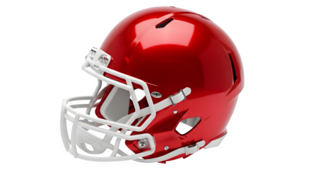 A shiny red american football helmet with a white facemask isolated on transparent background