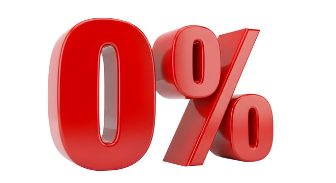 Bold red 3d zero percent symbol with glossy finish isolated on transparent background