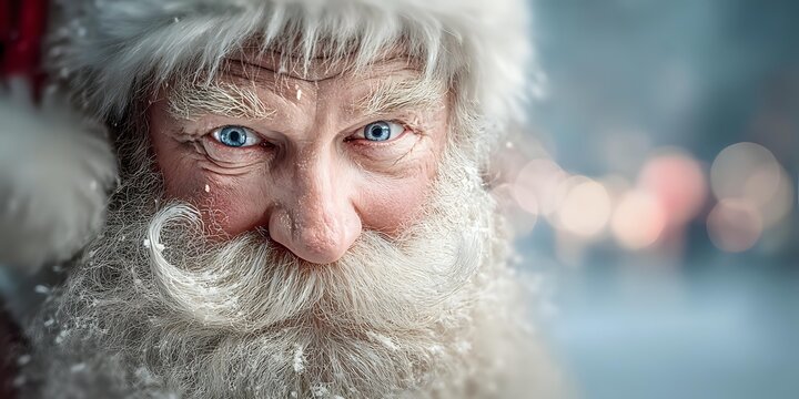 Close-up portrait of senior man with white beard and blue eyes wearing red and white holiday costume against blurred winter background. - Powered by Adobe