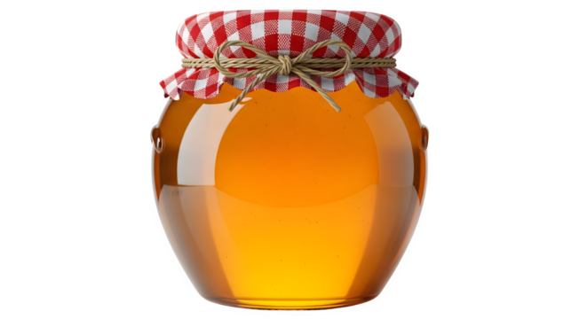 A glass jar filled with golden honey and sealed with a red and white checkered lid tied with twine isolated on transparent background