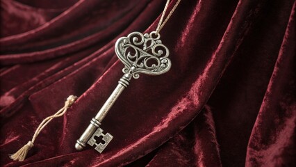 An ornate silver-toned skeleton key featuring intricate filigree design hanging on rich red velvet