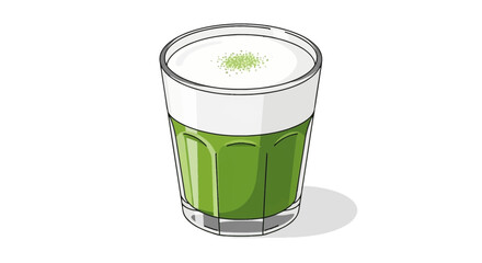 A glass of green matcha latte with foam on a white background casting a grey shadow