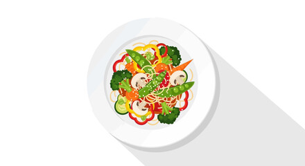 A dish of vegetable stirfry with noodles on a white plate casting a shadow on a white surface