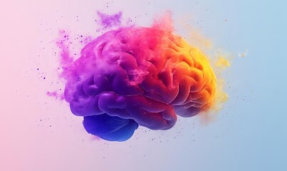 Colorful brain with vibrant powder explosion effect showing purple, pink, orange, and blue hues against gradient background, representing creativity and cognition.