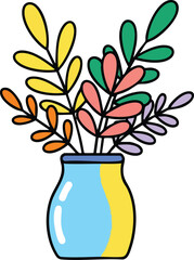 Cartoon Style Vibrant Leaves in Blue and Yellow Vase on White Background