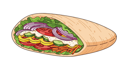 A pita wrap overflowing with lettuce tomato onions cucumbers dressing yellow peppers and shredded carrots