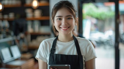 Female waitress, holding a tablet, smiling, setting is in a coffee shop 