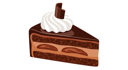 A slice of chocolate cake with cream chocolate icing and a chocolate curl on top
