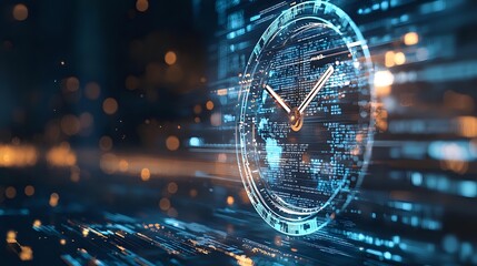 Digital clock hologram showing time against futuristic data stream background with glowing blue technology elements and bokeh light effects.