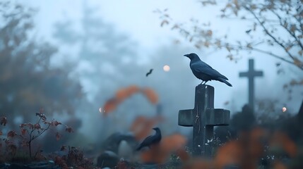 Fototapeta premium Crow perched on wooden cross in misty cemetery with autumn foliage and blurred tombstones creating eerie, atmospheric scene for Halloween designs.
