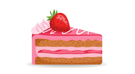 A slice of strawberry cake with frosting and a strawberry on top