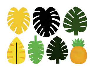 Yellow and green tropical leaves with pineapple illustration, hand drawn style, isolated on transparent background, playful and vibrant, suitable for summer, vacation, or botanical themes