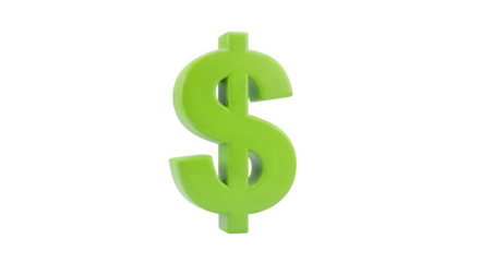 Bright green three dimensional dollar sign symbol representing money and finance isolated on transparent background