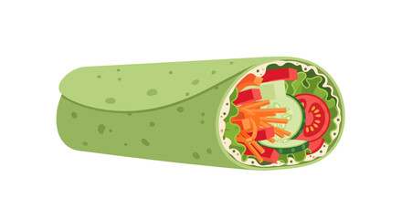 An illustration of a vegetable wrap sandwich with tomato lettuce and carrots in a green tortilla