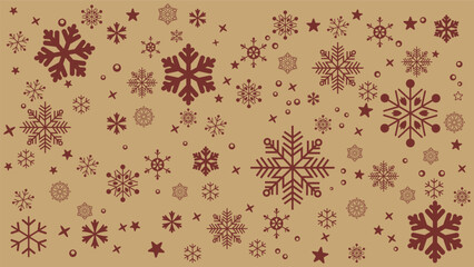 Seamless winter background featuring various sizes of scattered meroon blue snowflakes on a brown background. Simple and cold-toned vector pattern ideal for Christmas, New Year, holiday promotions.