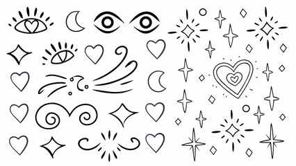 Illustration of various doodle elements including hearts eyes moons stars and decorative swirls in black outline