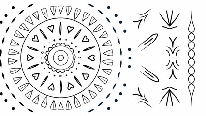 Circular design with hearts triangles and dots surrounding a central floral shape illustration art work