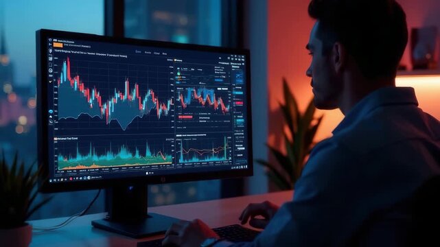 A young Hispanic man with dark hair analyzes stock market data on a computer screen in a modern office setting. The room is illuminated by city lights at dusk.