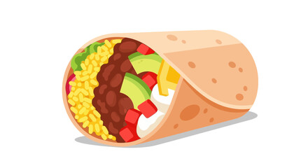 Cartoon burrito with rice beans avocado tomatoes cheese and lettuce in a beige tortilla wrap