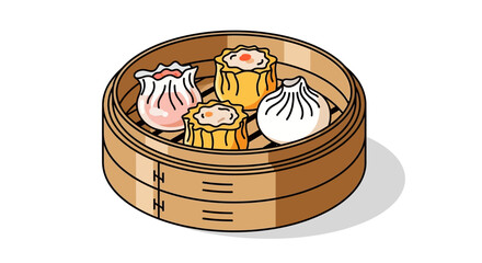 Dim sum steambasket with four dumplings One pink one white two orange Brown bamboo container