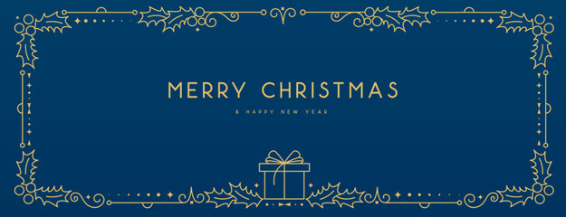 Modern Christmas frame or holiday greeting card on blue background. Line art vector illustration