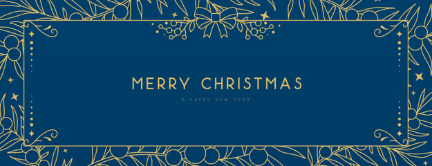 Modern Christmas frame or holiday greeting card on blue background. Line art vector illustration
